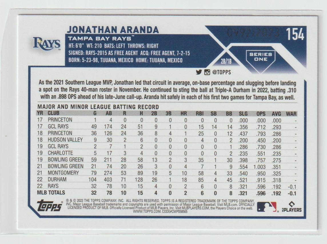 Jonathan Aranda 2023 Topps Series 1 RC Gold /2023 Tampa Bay Rays